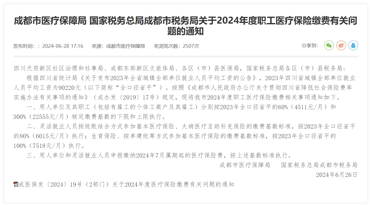 成都最新醫保繳費基數出爐！ 第1張